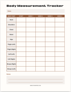Body measurement tracker printable pdf