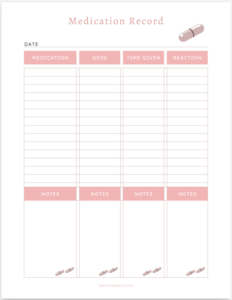 Medication Record printable PDF with dusky-salmon headings, date section, medication, dose, time given, reaction, notes, and space for fourteen doses